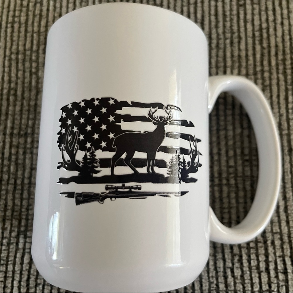 White Mug with Black Deer and Flag Design Custom